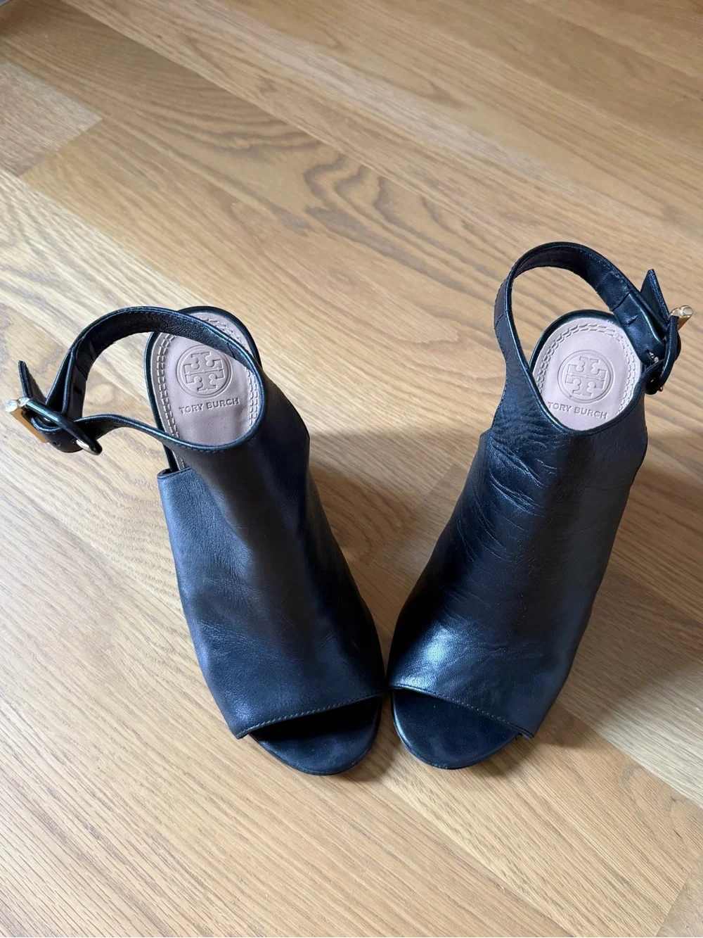 Tory Burch Black Leather Peep-Toe Wedge Sandals